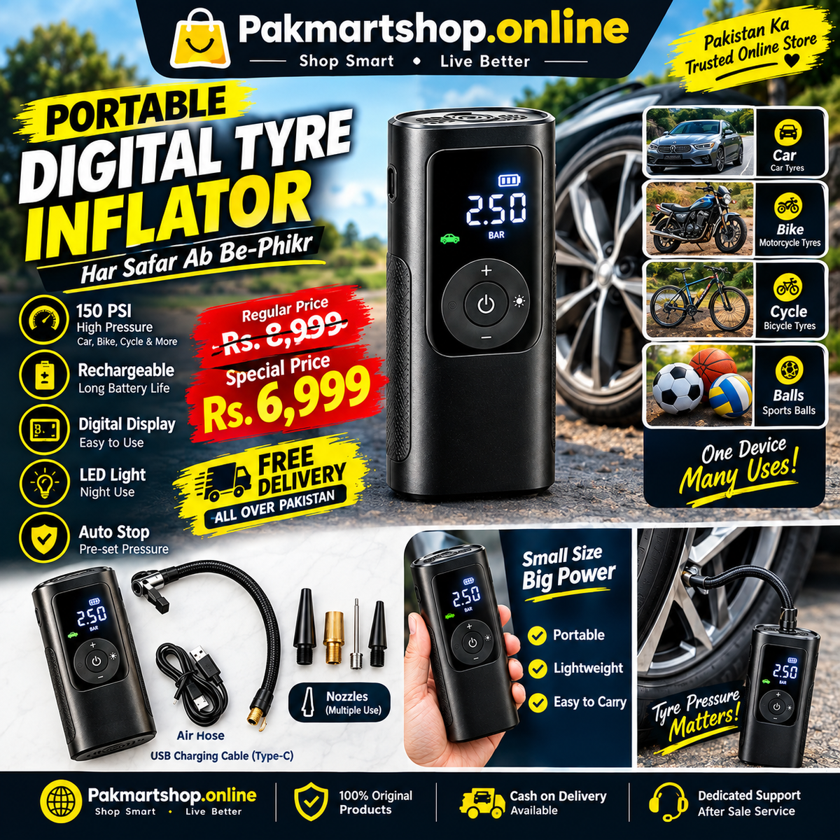 Portable Electric Air Compressor – Digital Tyre Inflator with LED Display