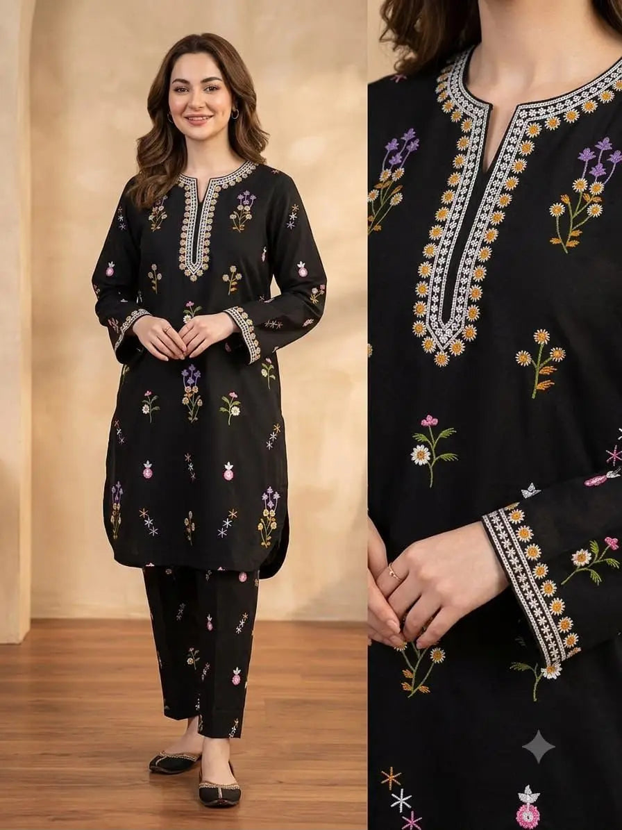 Elegant Black Embroidered 2-Piece Women’s Suit – Floral Embroidery Design