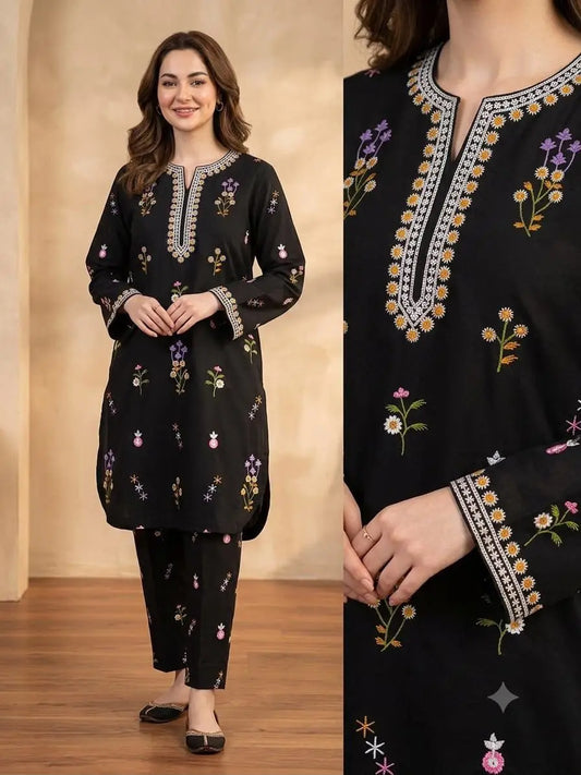 Elegant Black Embroidered 2-Piece Women’s Suit – Floral Embroidery Design