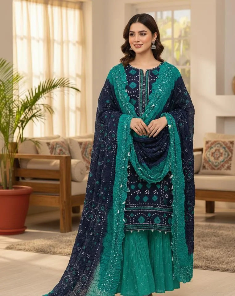 Elegant Teal & Navy Blue Embroidered 3-Piece Women’s Suit with Printed Dupatta