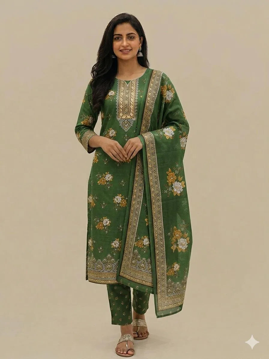 Elegant Green Floral Printed 3-Piece Women’s Unstitched Suit with Embroidered Neckline & Border